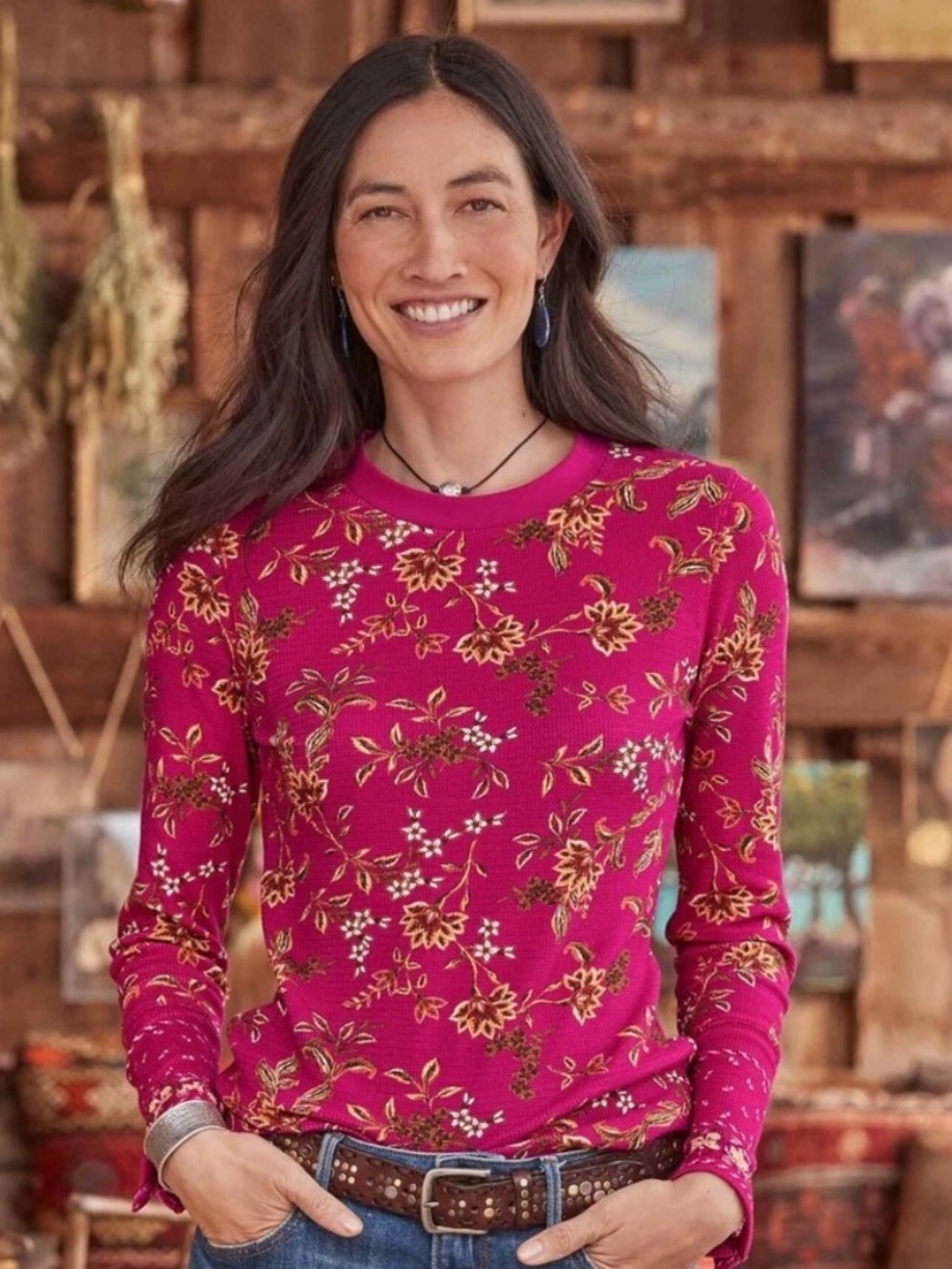 Sundance Loretta Thermal Top Long Sleeve Pink Red Floral Velvet Cuff Medium M